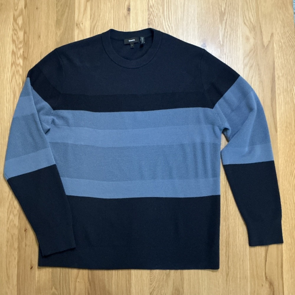Theory Kamren Crew Sweater Mens L Blue Navy Novo Merino Wool Stripe Pullover